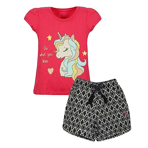 Image of Hopscotch Girls Cotton Graphic Print T-Shirt And Short Set in Coral Color