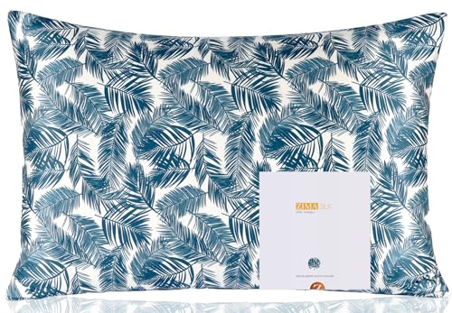 ZIMASILK 100% Pure Mulberry Silk Pillowcase for Hair and Skin Health,Both Sides 19 Momme Silk Floral Print,1pc(Queen 20''x30'',Blue Leaves)