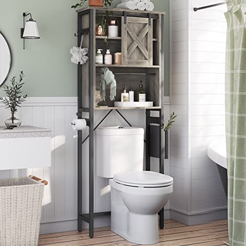Itaar Over The Toilet Storage Cabinet, Farmhouse Bathroom Storage, 4-Tier Bathroom Shelves, Over Toilet Bathroom Organizer With Storage Bag And Hooks, Grey #TOP1