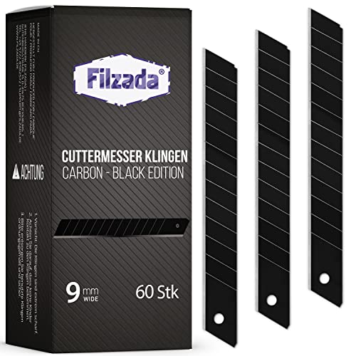 Filzada® 60x Ersatzklingen Cuttermesser 9mm BLACK - Ultra scharfe Teppichmesser Klingen - Abbrechklingen für 9mm Kattermesser Cover