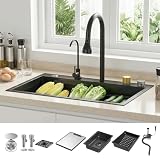 Kitchen Sink, 29.53'x17.72' Black Stainless Steel Workstation Sink With Pull-Out Waterfall Faucet, Tech Coating, Sliding Rail Cutting Board...
