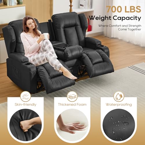 Image of IPKIG 67 inch RV Loveseat Double Recliner Sofa with FILP Back Console, Storage Drawer, Side Pockets, Faux Leather Manual Reclining Chair Home Theater Seating (Black)