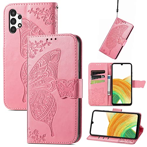 JIUNINE Coque pour Samsung Galaxy A13 4G, Antichoc Housse étui en Cuir PU Flip Case Portefeuille à Rabat avec Motif Papillon [Porte Carte] [Fermeture Magnétique] pour Samsung A13 4G, Rose Cover