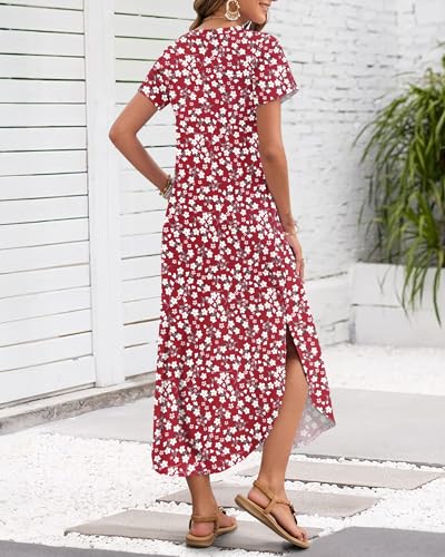 Image of MISFAY Women's Summer Maxi Dress 2026 Casual Short Sleeves V Neck Loose Sundress Split Long Beach T Shirt Dress
