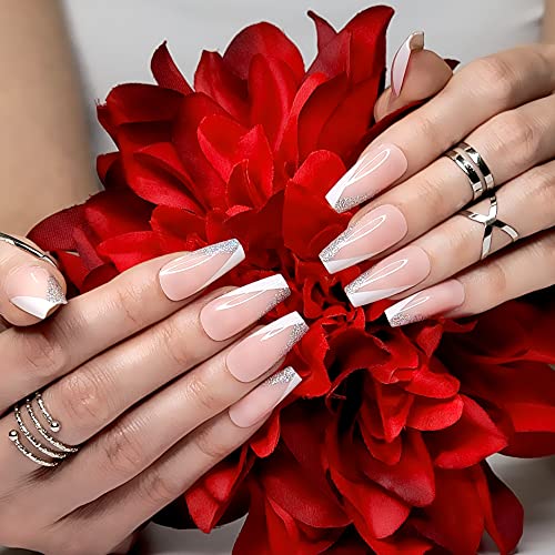 Hypnaughty 24 Pcs Modern Glittery French Luxury Coffin Press On Nails With Holographic Glitter Design And Glue Medium Long False Nails With White And Silver French Tips (Modern Glittery French) #TOP3