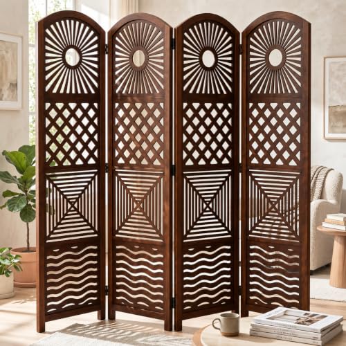 Image of Wooden Room Divider Partition for Living Room | Foldable 4 Panel Decorative Privacy Screen Separator for Home, Office & Bedroom | Modern (Dark Brown)