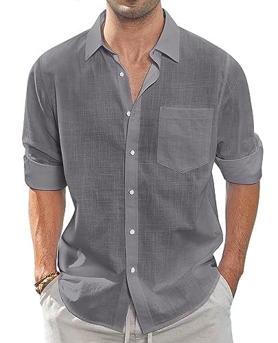 J.VER Leinenhemd Herren Sommer Männer Langarm Businesshemd Men's Strand Hemd Freizeithemd Leichtes Strandoberteil mit Tasche,Dunkelgrau,XL