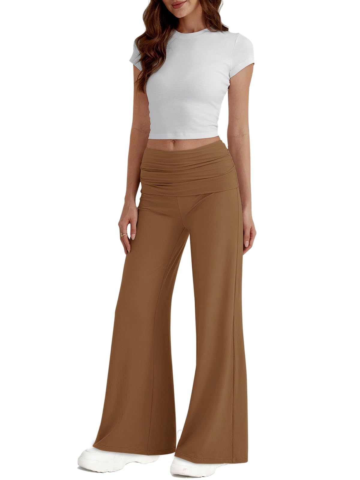 REORIA Leggings da donna, tinta unita, da palestra, da yoga, con gamba larga e elastico in vita, marrone, XXL