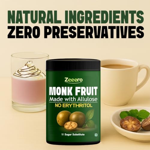 Image of Zeeero Monk Fruit Without Erythritol | Monkfruit Extract With Allulose Sweetener | Monk Sugar | Monk Fruit Powder | No Preservatives 250g Jar