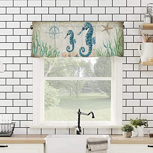 Coastal Window Valance Rod Pocket Curtain Panels For Kitchen Bedroom Window Vintage Seahorse And Starfish Valances Short Curtain Sea Life Bathroom Window Treatment Drapes Retro Nautical Compass #TOP3