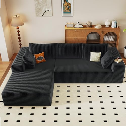 Image of 96 inch Modular Sectional Couch, Boneless L Shaped Cloud Sofa with Chaise Lounge, Corduroy Upholstered Couches Memory Foam Deep Seat, No Assembly Required, Ideal for Living Room(Black, Left Facing)