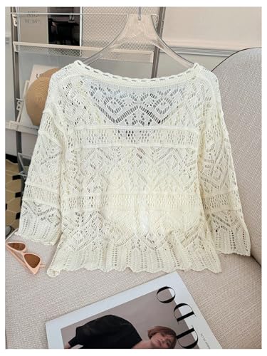 MakeMeChic Women's Crochet Tie Front Cardigan 3/4 Sleeve Lightweight Crop Sweater2