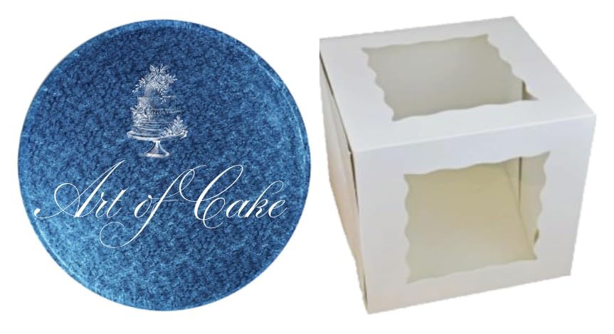 Art of cake ® Drum Cake Board (13mm) & 2 Sided Window Tall Cake Box (Blue, 12")
