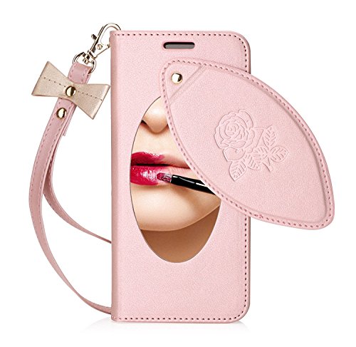 FYY Case for Samsung Galaxy S8 Plus, [RFID Blocking Wallet] [Makeup Case] Premium PU Leather Wallet Case with Cosmetic Mirror, Card Slots and Wrist Strap for Galaxy S8 Plus Rose Gold
