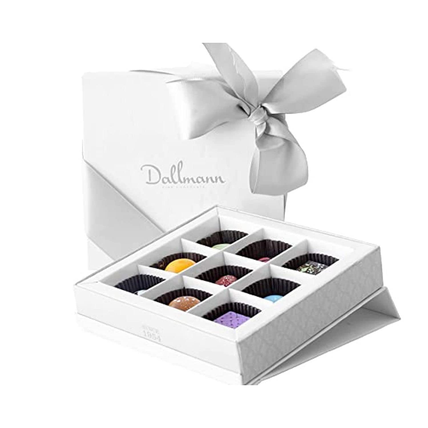 Dallmann Confections Exotic Assorted Chocolates | Luxurious Chocolate Gift Box Beautifully Finished With Hand-Tied Silver Satin Ribbon | Traditional, Exotic & Contemporary Flavored Truffle Chocolates (9 Pieces)
