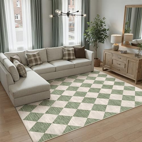 PureCozy Teppich 120x170cm Grün Waschbar Moderne Kariert – Ansicht 1