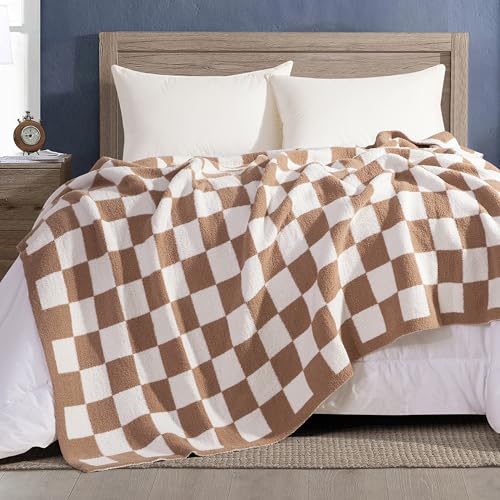 Image of Elegant Comfort Checkered Throw Blanket, Taupe Super Soft Cozy Fluffy Warm Throw Blankets for Couch, Sofa, Chair, Bed, Camping, Picnic, Travel Lightweight Bed Blanket (50 inch x 70 inch)