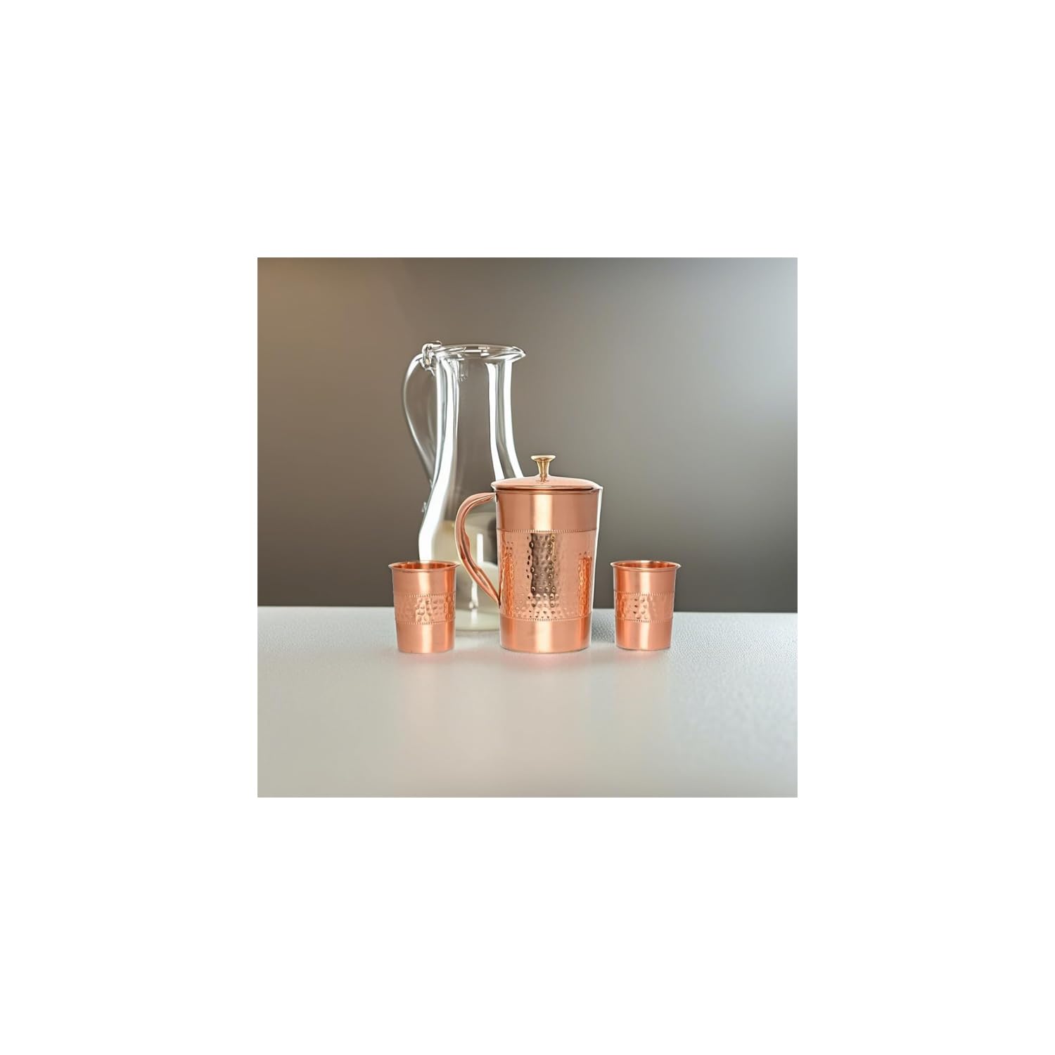Carafe à eau en cuivre pur avec 2 gobelets en cuivre (martelé et motif uni) pour les bienfaits de la santé ayurvédique (avec verre droit)