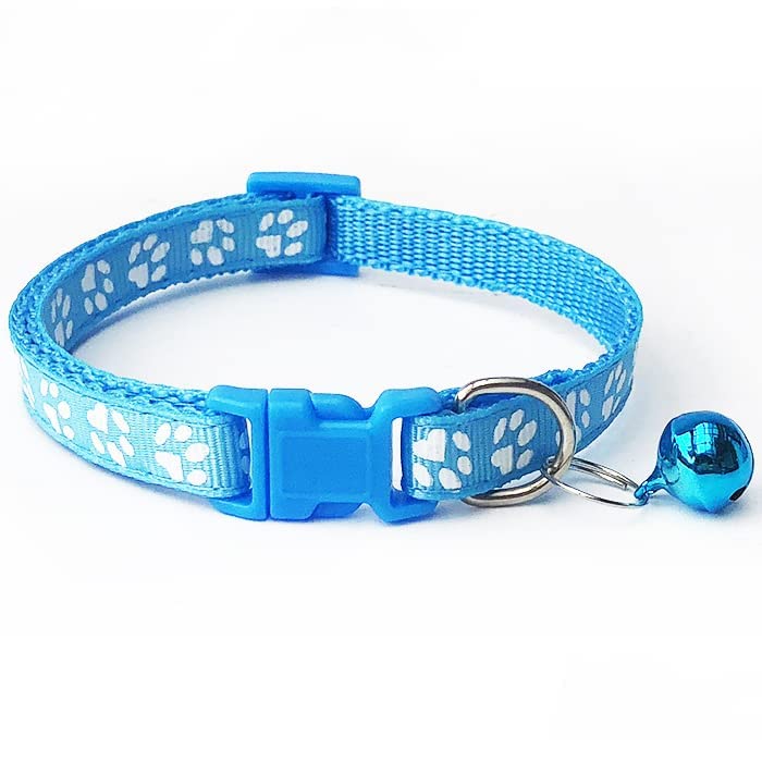 Image of Footprint Cat Collar with Bell Basic Dog Cat Collar I Buckle Adjustable Polyester Cat Dog Collar I with Bell 10 MM (Sky Blue Color)