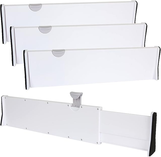 SENENQU 4PCS Adjustable Drawer Dividers, 15"-21" Expandable Drawer Organizer Set, Extendable Drawer Separators with Foam Edges for Kitchen Bedroom Drawer Storage