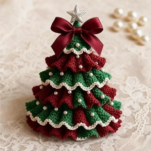 DIY Crochet Christmas Tree Kit for Beginners with Yarn, Hook, Beads | Complete Craft Kit with Instructions for Handmade Holiday Ornaments (red)
