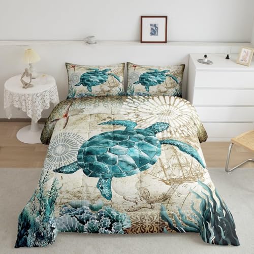 Turtle Bedding Teal Turtle Comforter Set, King, Ocean Theme