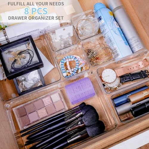 Image of Clear Plastic Drawer Organizers Set, 4-Size Versatile Bathroom and Vanity Drawer Organizer Trays, Storage Bins for Makeup, Bedroom, Kitchen Gadgets Utensils and Office (8 PC SET)