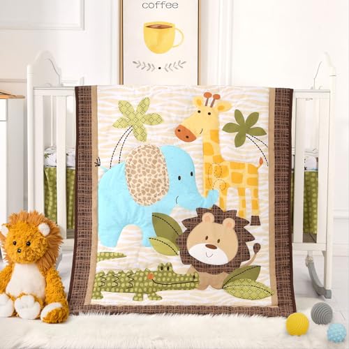 Image of Wowelife Safari Crib Bedding Set, Mini Crib Bedding Set Boy 3-Piece Mini Crib Comforter Set, Nursery Bedding Sets for Boys Include Crib Comforter, Skirt and Sheet, Brown