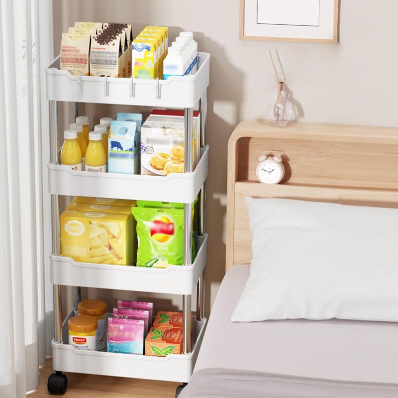 4-laags Rollende Kar Keukentrolley Niet-plank Op Wielen Utility Cart Met 6 Haken En 2 Containers Voor Keuken Badkamer Zwart