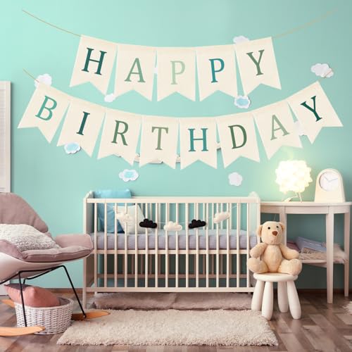 Image of Doumeny Happy Birthday Burlap Banner Boho Birthday Banner Garland Neutral Green Bohemian Party Bunting Flag Colorful Happy Birthday Sign Hanging Garland for Home Fireplace Nursery Party Backdrop Decor