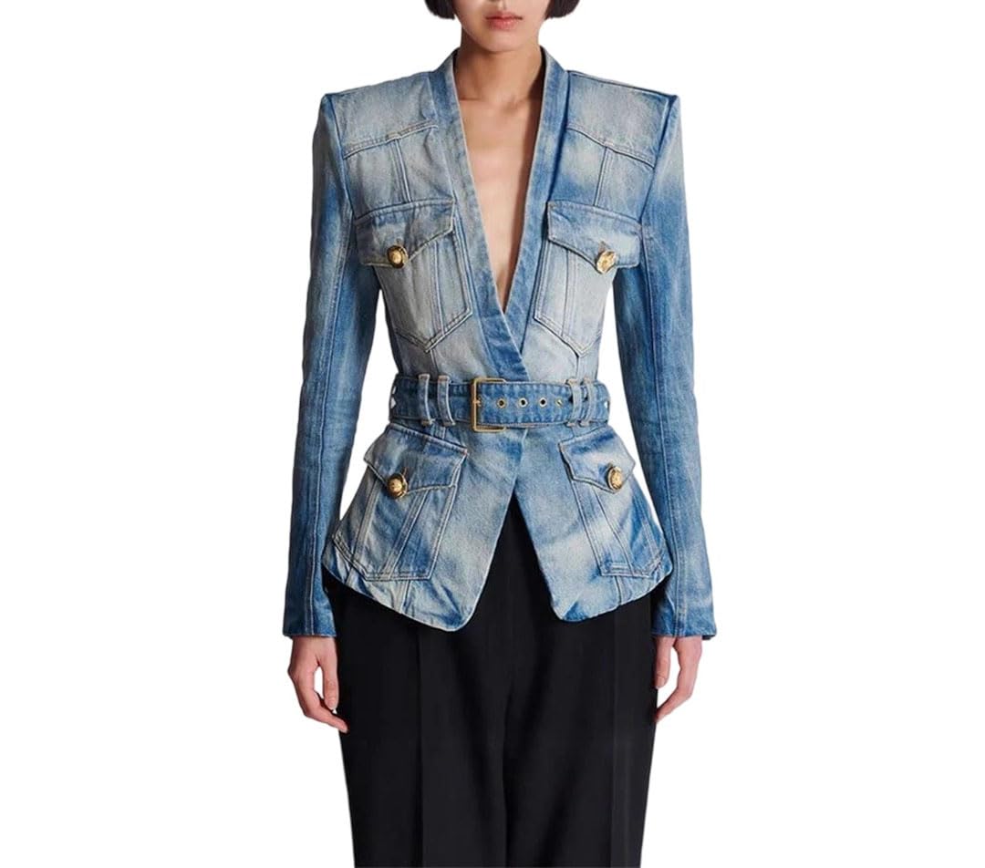 Womens Slim Denim Belted Blazer Lion Head Button Office Vintage Designer Jacket