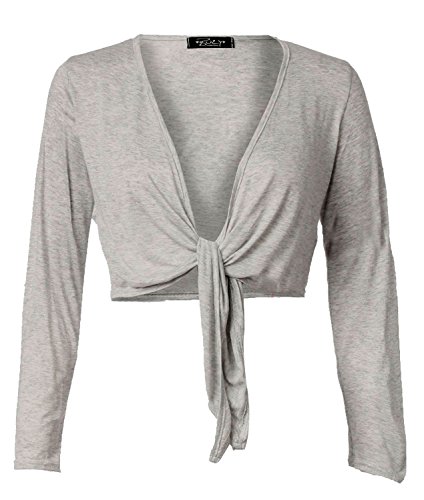 Bolero para mujer gris de manga larga con cordón delantero ajustable de viscosa fina