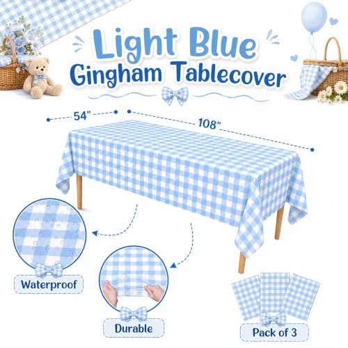 Image of Blue Orchards Light Blue Gingham Table Cover (Pack of 3 with 20 Glue dots) - 54 inchx108 inch XL - Light Blue and White Checkered Picnic Tablecloth, Baby Shower Decoration, Outdoor Birthday Party Supplies
