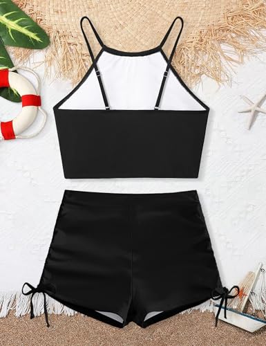 Image of BAVADER Girls Swimsuit 2 Pcs Solid Color Cutout Tankini with Shorts Drawstring Bathing Suit for Girls Swimwear 7-14Y