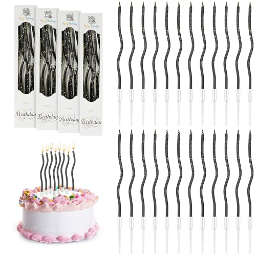 URAQT 24 Velas de Cumpleaños en Espiral, Velas de Cumpleaños en Espiral en Soportes, Velas Metálicas Largas y Delgadas Para Cupcakes Para Cumpleaños, Bodas, Decoración de Fiestas(Nnegra y dorada)