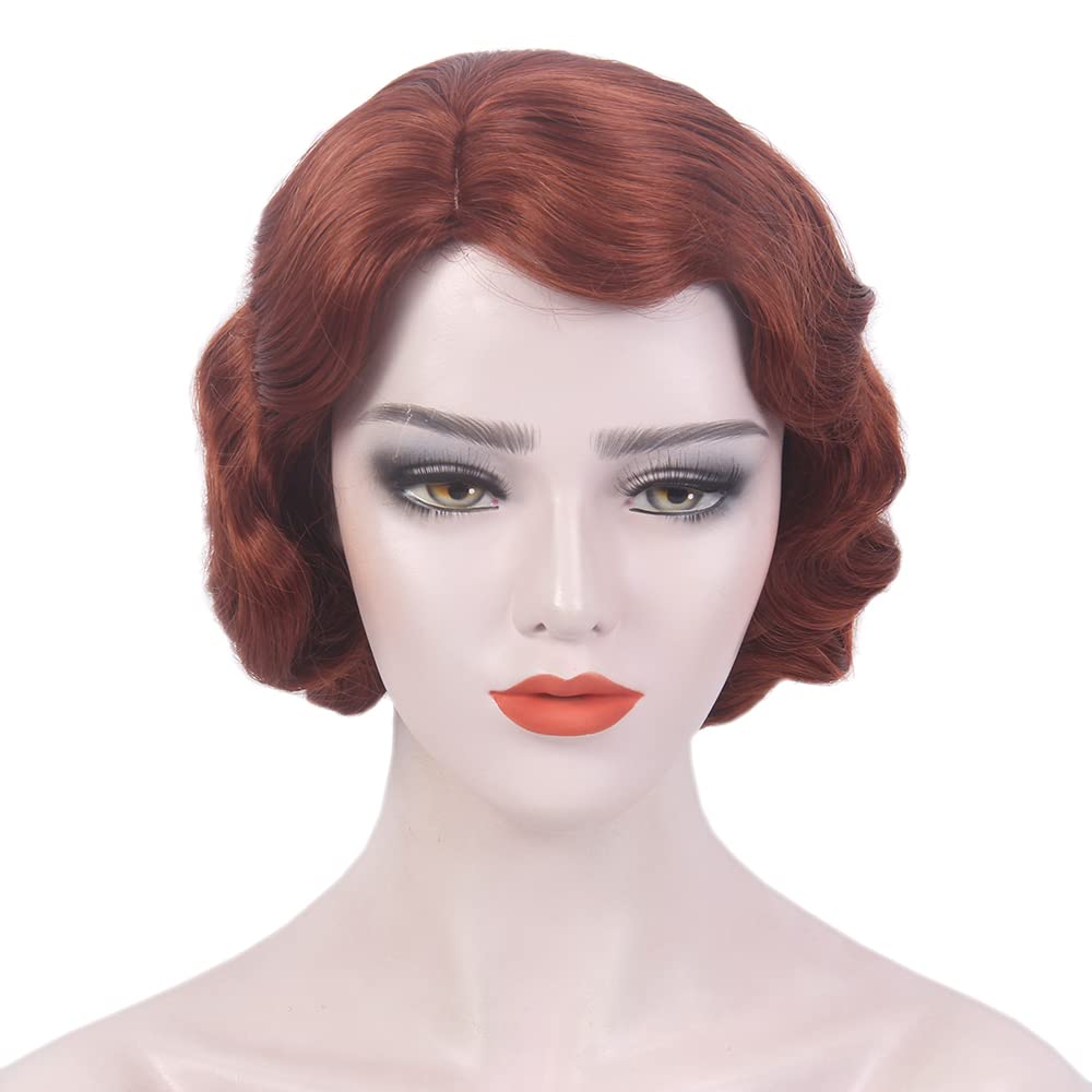 REEWES Short Vintage Synthetic Full Wigs 1920s Finger Wave Wig Short Curly Wig for Women Ladies Cosplay Flapper Fancy Dress Red