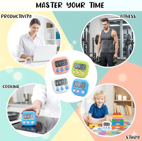 Image of GLUN Digital Kitchen Timer for Cooking, Pack of 1 Big & Clear Digits, Loud Alarm, Magnetic Back, Timer for Baking, Creating Food, White Body & Blue Buttons (Random Color)