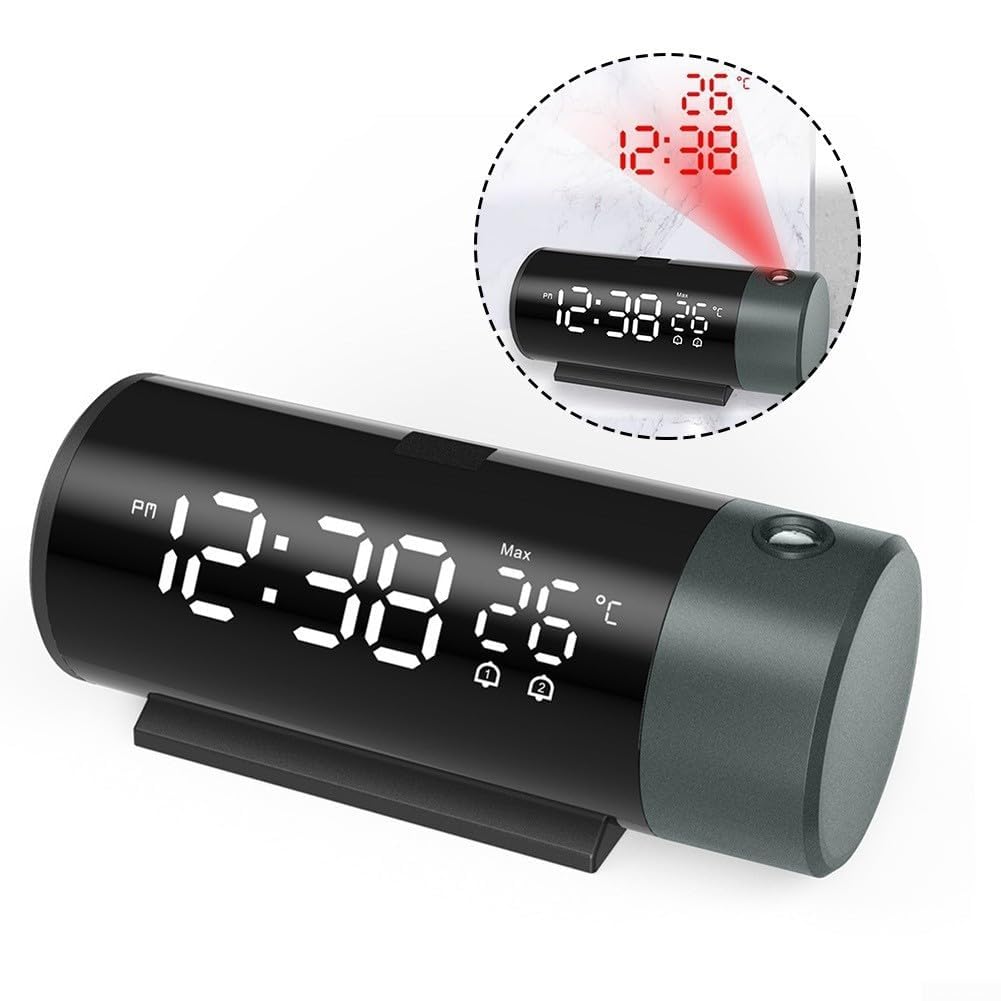 Orologio a proiezione per camera da letto, orologio digitale con proiettore a 180° sul soffitto con dimmer a 4 livelli, sveglia con data, temperatura, luce notturna, orologio elettronico ricaricabile