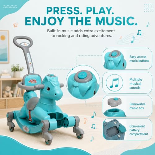 Image of 3 in 1 Baby Horse Rider for Kids 1-5 Years with Parent Handle, Rocking Horse, Ride On Toy, 360 Safety Guard, Music, Swivel Wheels, Backrest, Baby Ride On for Boys & Girls (Cyan)