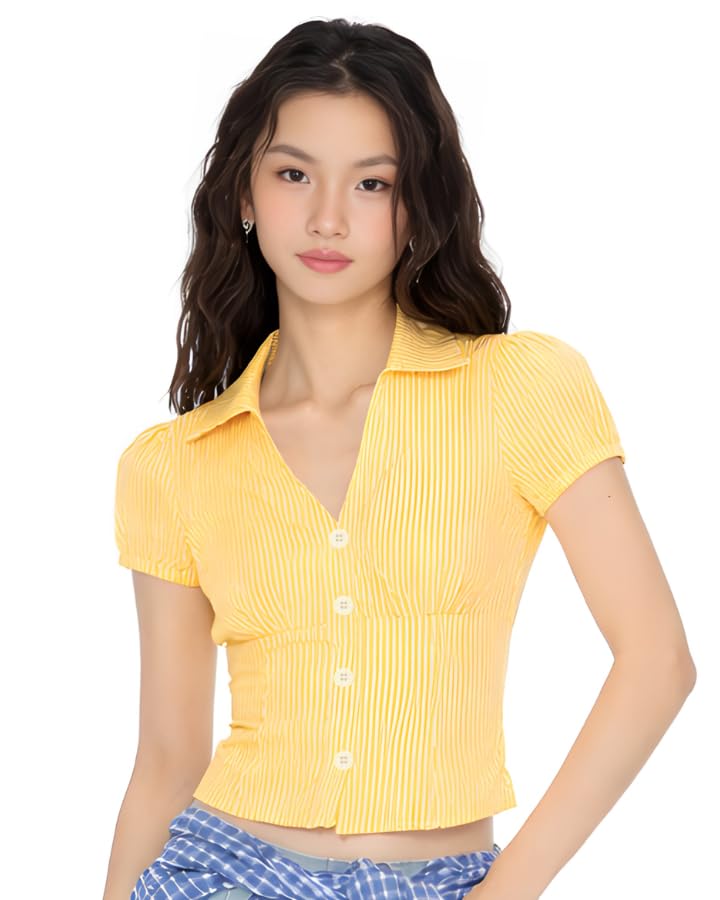 Buy EZLIA Women V-Neck Puff Sleeve Crop Top with Back Tie-Up