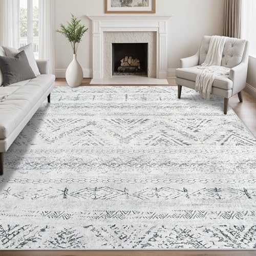 Image of Area Rug Living Room Carpet: 8x10 Large Moroccan Soft Fluffy Geometric Washable Bedroom Rugs Dining Room Home Office Nursery Low Pile Decor Under Kitchen Table Gray/Ivory