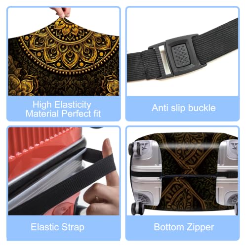 Image of Luxury Gold Mandala Luggage Cover Protective Suitcase Protector, Vintage Bohemian Floral Elastic Washable Travel Baggage Cover Fits 24-26 Inch Suitcase, Elegant Gold and Black Design,M