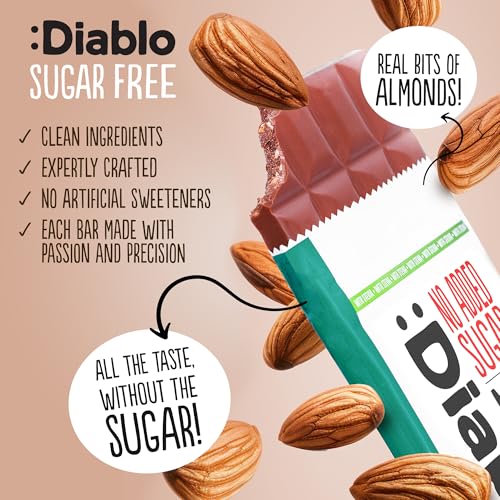 Diablo No Added Sugar Chocolate Bar – Milk Chocolate with Almonds, Sweetened with Stevia, Gluten Free, Ideal for Any Occasion, Birthdays, Valentines, or Gift Hampers, 75g (Pack of 4)