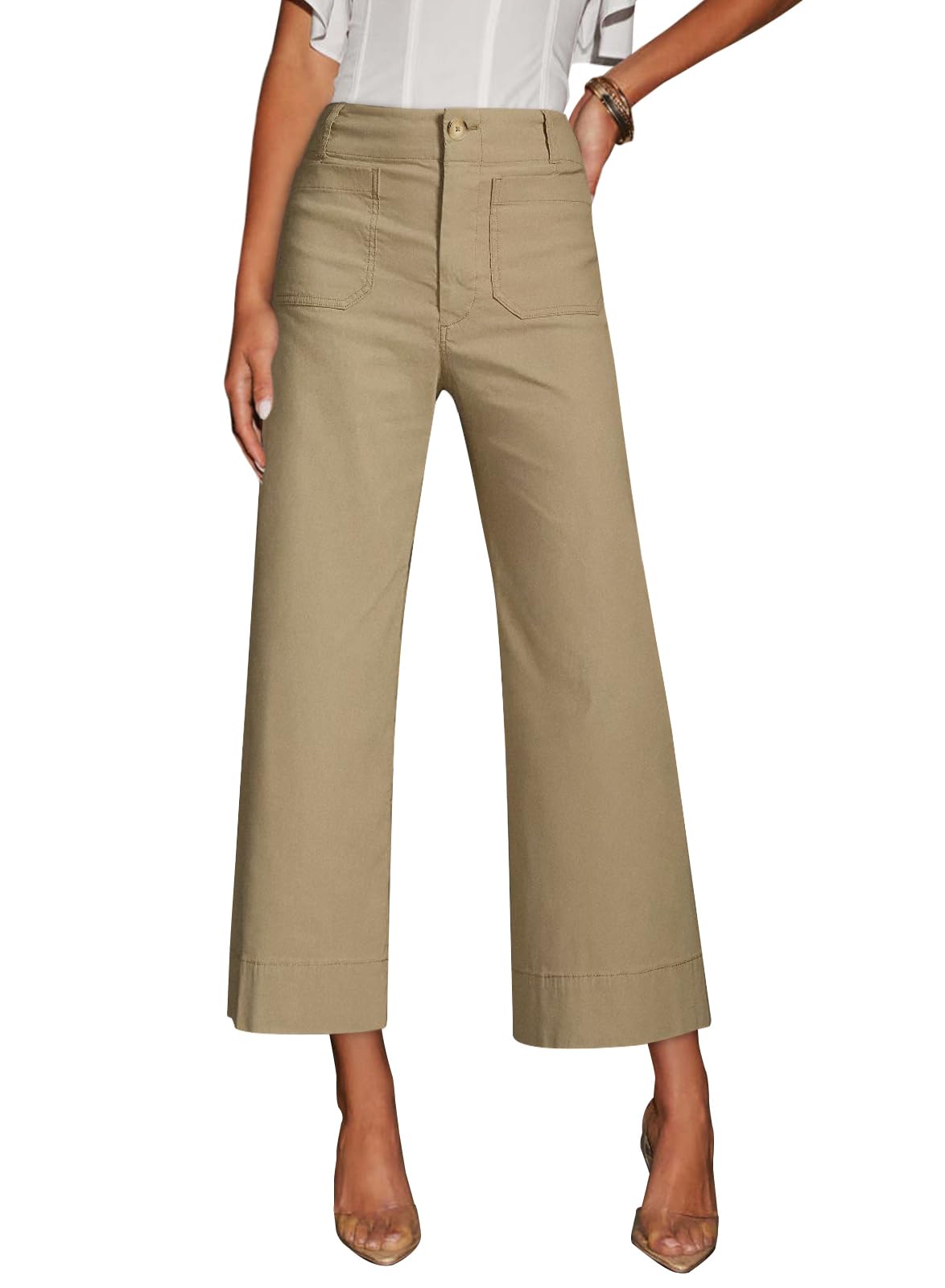 miduo Womens High Waisted Cropped Wide Leg Stretchy Straight Pants Trousers with Pockets