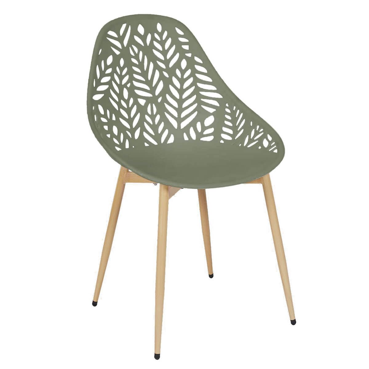 AltoBuy SAYA - Lot de 4 Chaises de Jardin Coque Plastique Ajourée Vert Olive Pieds Métal