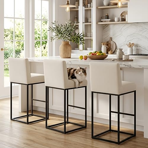 Image of HNY Modern Counter Height Bar Stools Set of 3, Linen Fabric Upholstered Bar Stool with Backs, 31 Inch Kitchen Island Stools with Black Metal Frame, Cream