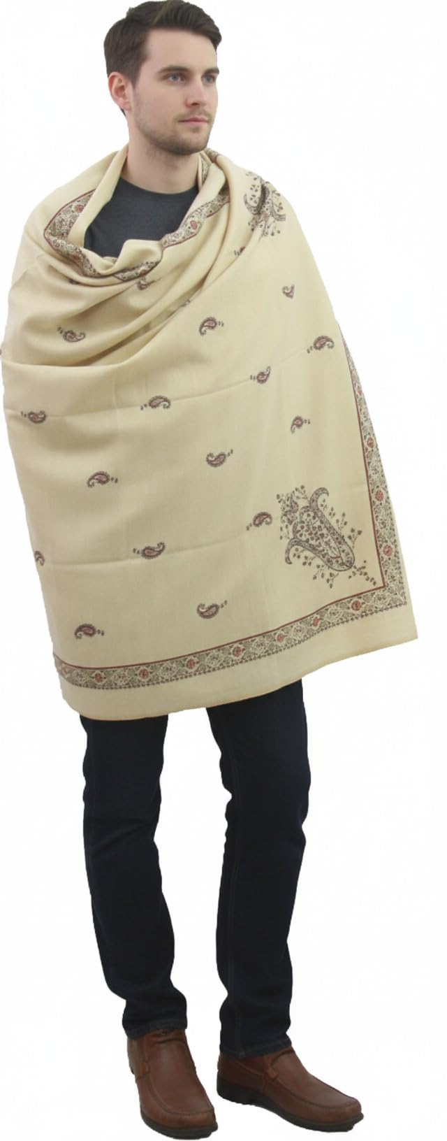 v vrinde Vrinde Cream Wool Printed Men's Shawl KA-SWL-23-picture-11