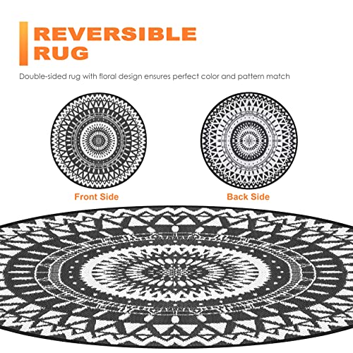 Image of NUU GARDEN Round Outdoor Rug for Patios Plaid Reversible Patio Rug, Plastic Straw Indoor and Outdoor Round Rug for Outdoors, RV, Backyard, Deck, Picnic, Beach, Trailer, Camping, 5 x 5 ft