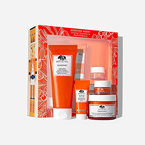 Origins GinZing Set. GinZing Refreshing Scrub Cleanser 3.4oz, GinZing Oil Free Boosting Gel Moisturizer 1.7oz, GinZing Refreshing Eye Cream 0.17oz & SPF 40 Energy Boosting Tinted Moisturizer .5oz