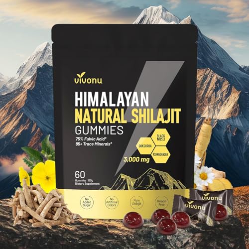 VivoNu Shilajit Gummies | 3000mg | mit Ashwagandha & Himalaya-Shilajit | 60 vegane Gummibärchen für Energieschub und Stärkung Vitalität | Ohne Zusätze (60 Stück)